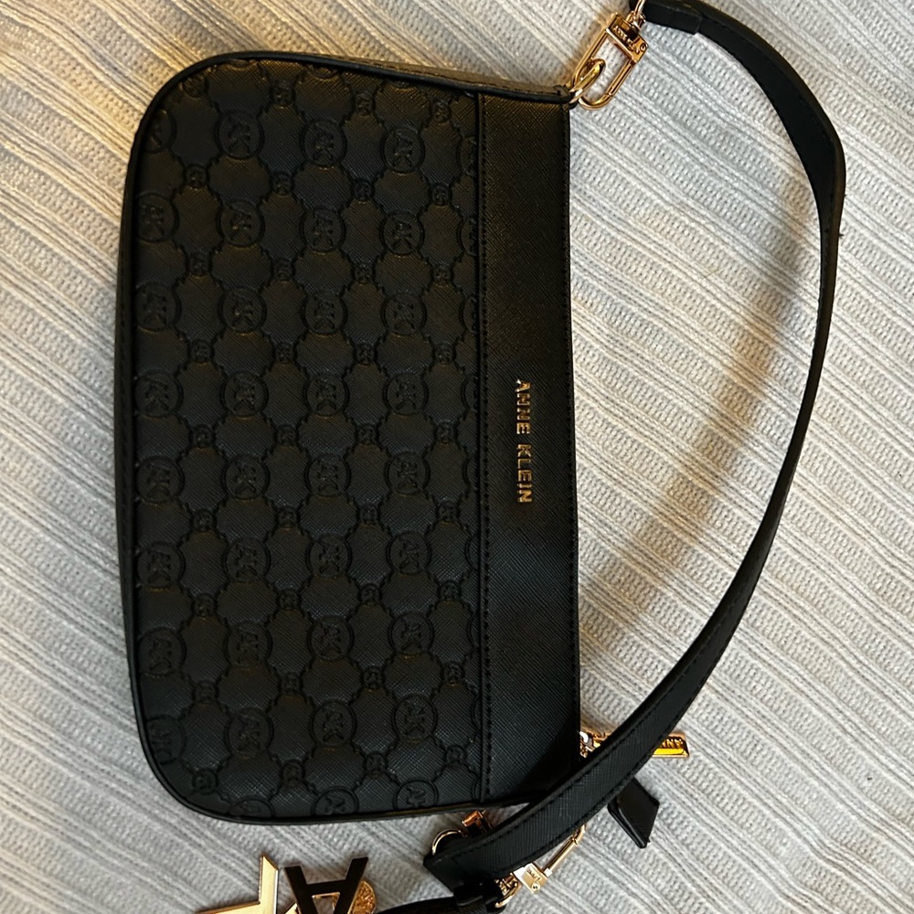 Anne Klein Black Embossed Crossbody with Gold Hardware